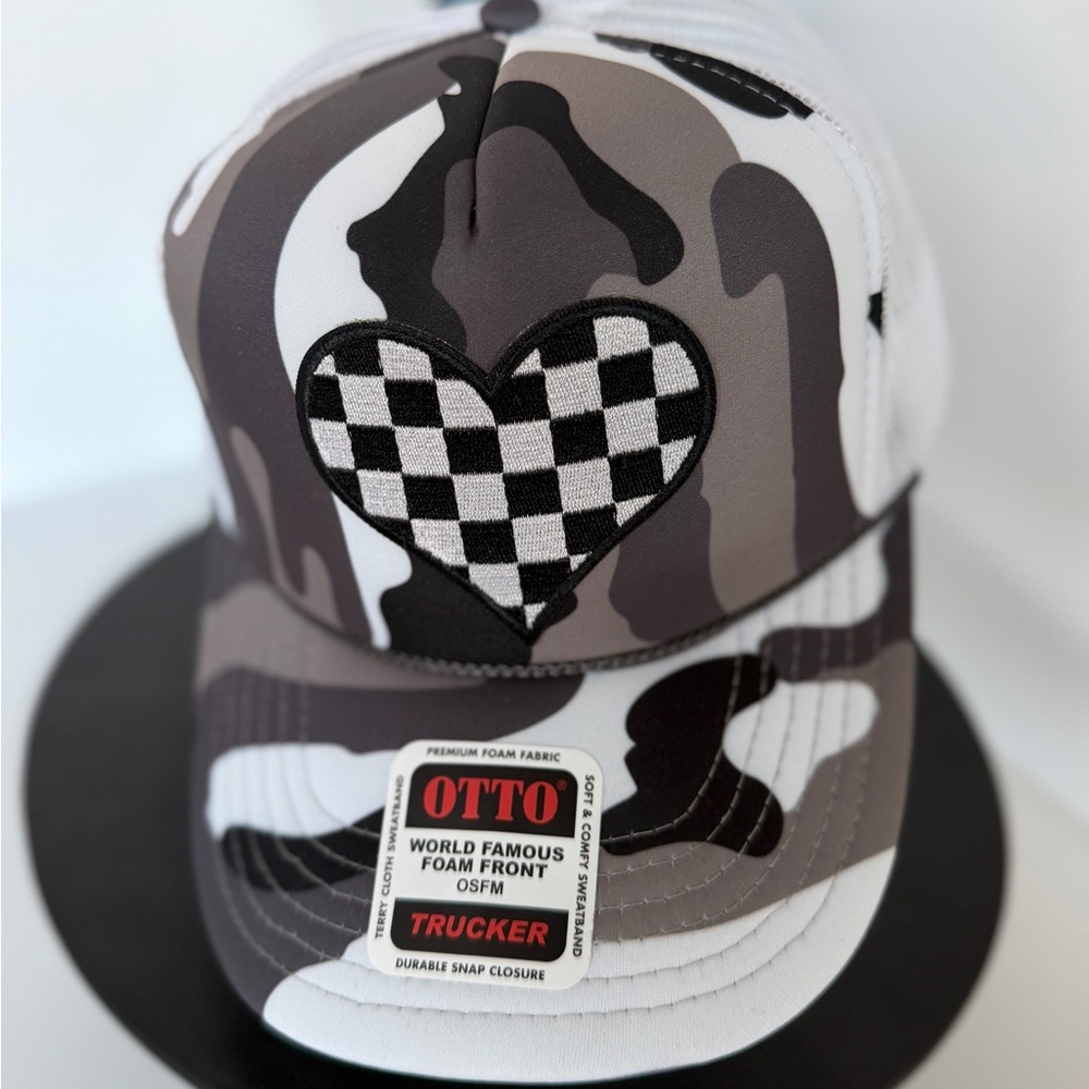 OTTO woman’s  Camo Trucker Hat - Black, White, and Gray checkered heart patch